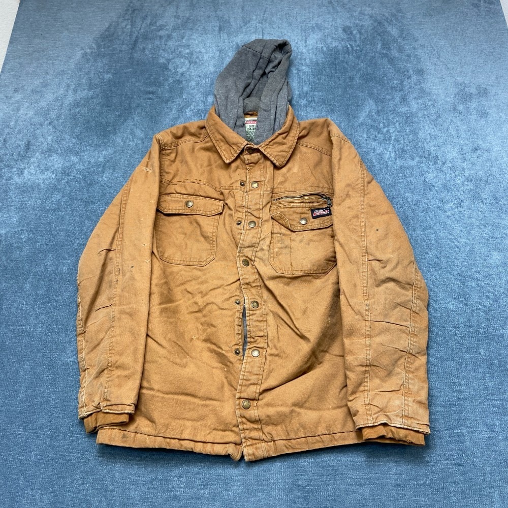 Dickies Duck Canvas Work Jacket Mens S Petite Brown Cotton Hooded Button Front